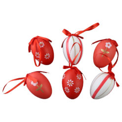 Set 6 oua din plastic 4x6 cm, albe & rosii, cu dungi si flori