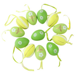 Set 12 oua din plastic 3x4 cm, verzi, cu flori si dungi aurii