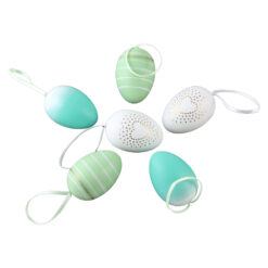 Set 6 oua din plastic 4x6 cm, albe & verzi, cu dungi si inimioare