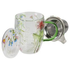 Cana de sticla cu perete dublu si infuzor din otel inoxidabil, 350 ml, "The colors of nature", in cutie decorativa