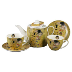 Set ceainic cu 2 cesti, farfurioare, infuzor metalic si capac, 900 ml/270ml, "The Kiss" de Gustav Klimt, in cutie decorativa, maro