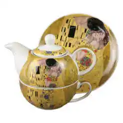 Set ceainic cu ceasca, farfurioara si infuzor metalic 350 ml/300 ml, "The Kiss" de Gustav Klimt, in cutie decorativa, classic