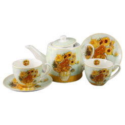 Set ceainic cu 2 cesti, farfurioare, infuzor metalic si capac, 900 ml/270ml,  "Sunflowers" de V. van Gogh, in cutie decorativa