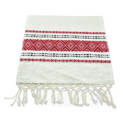 Stergar artizanal traditional 110x37 cm, Crem/rosu, cu franjuri