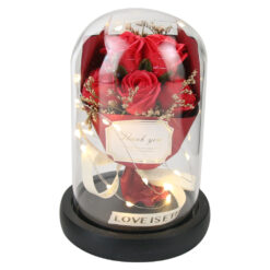 Cupola din sticla cu buchet de trandafiri rosii si LED 11x16 cm, in cutie decorativa