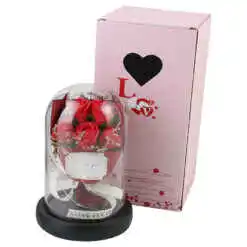 Alternative view of Cupola din sticla cu buchet de trandafiri rosii si LED 11x16 cm, in cutie decorativa