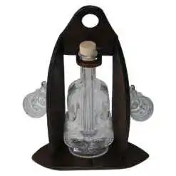 Suport lemn cu sticla si pahare de tuica - sticla in forma de violin