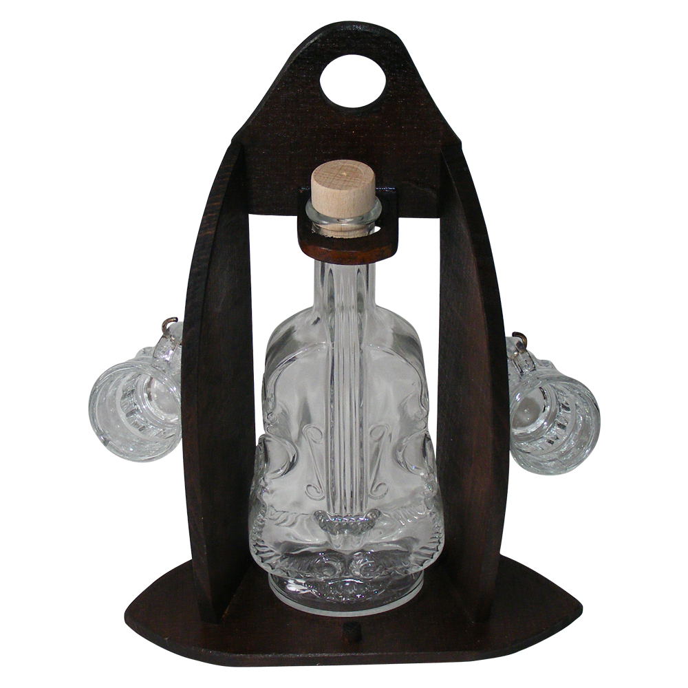 Suport lemn cu sticla si pahare de tuica - sticla in forma de violin