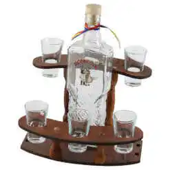 Suport lemn cu o sticla si 6 pahare de tuica, Romania cu fundita tricolor