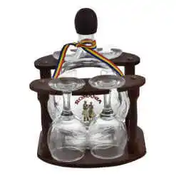 Suport lemn cu plosca din sticla  si pahare cu talpa in forma rotunda