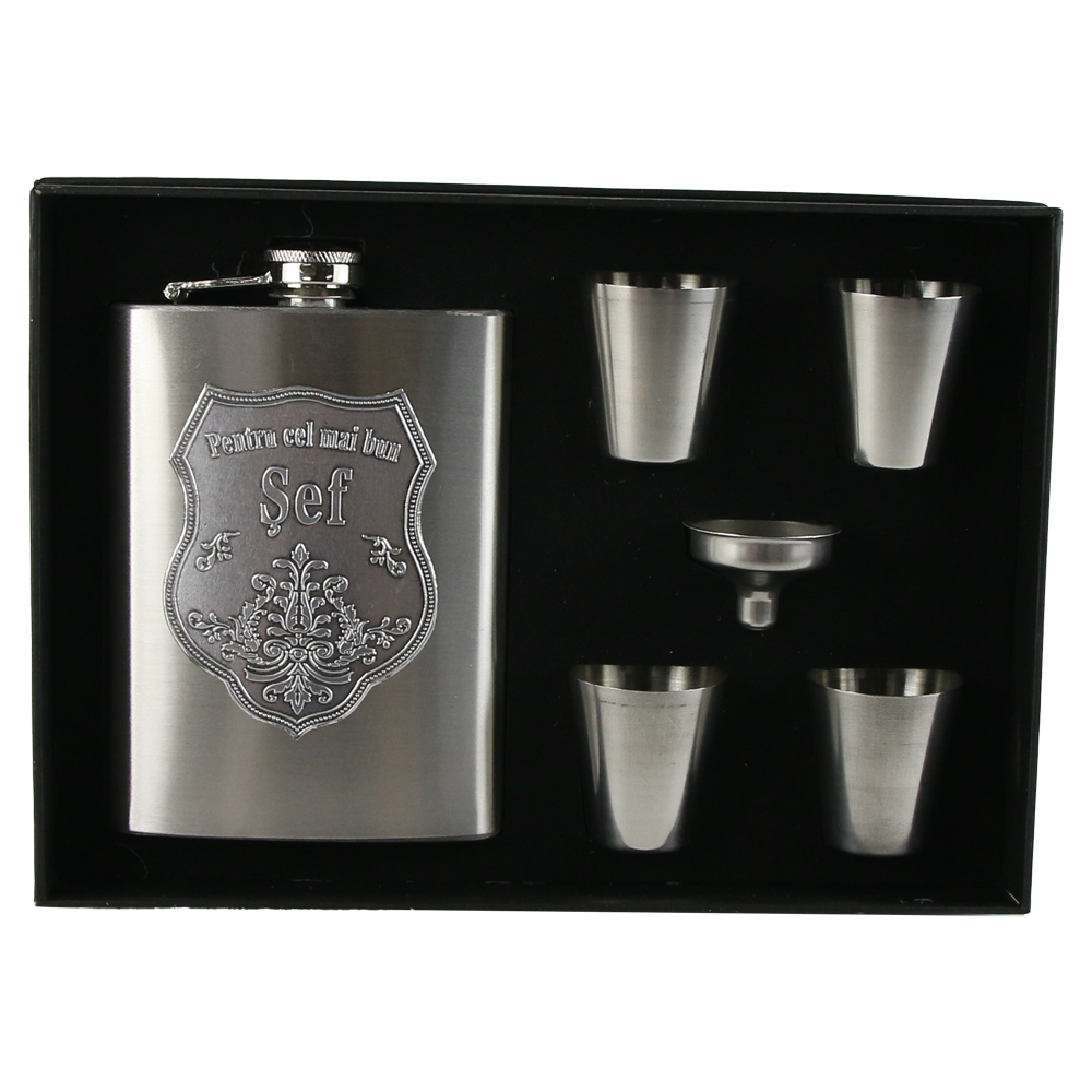 Set plosca cu palnie si 4 pahare din inox, "Pentru cel mai bun Sef", in cutie eleganta