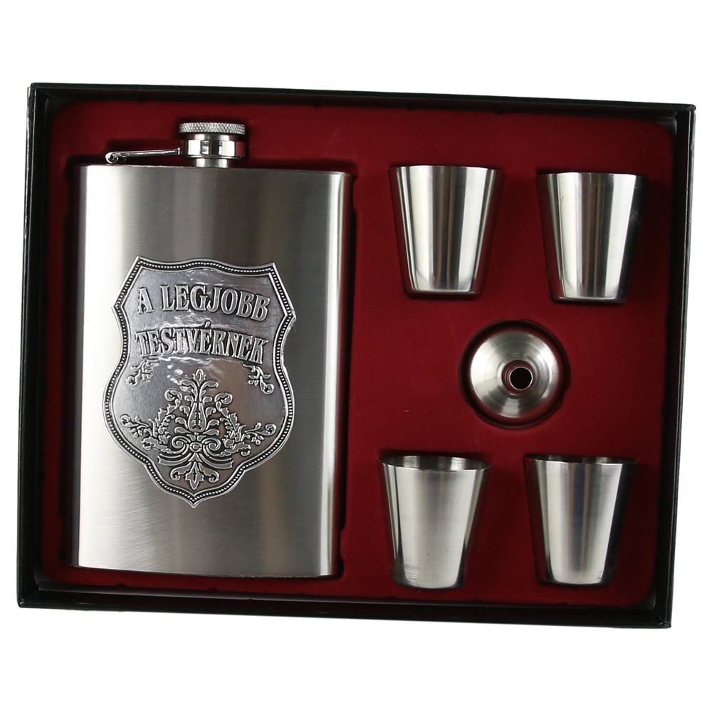 Set plosca cu palnie si 4 pahare din inox, "A legjobb Testvernek", in cutie eleganta