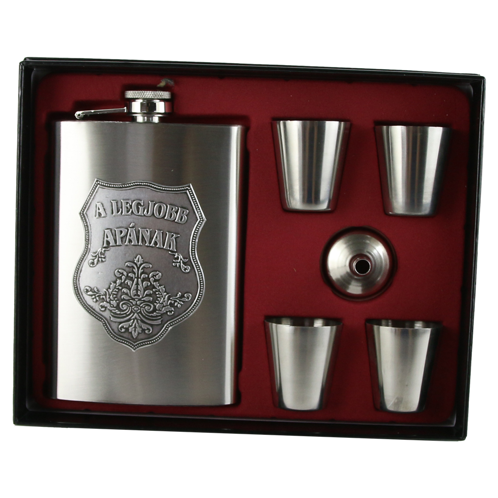 Set plosca cu palnie si 4 pahare din inox, "A legjobb Apanak", in cutie eleganta