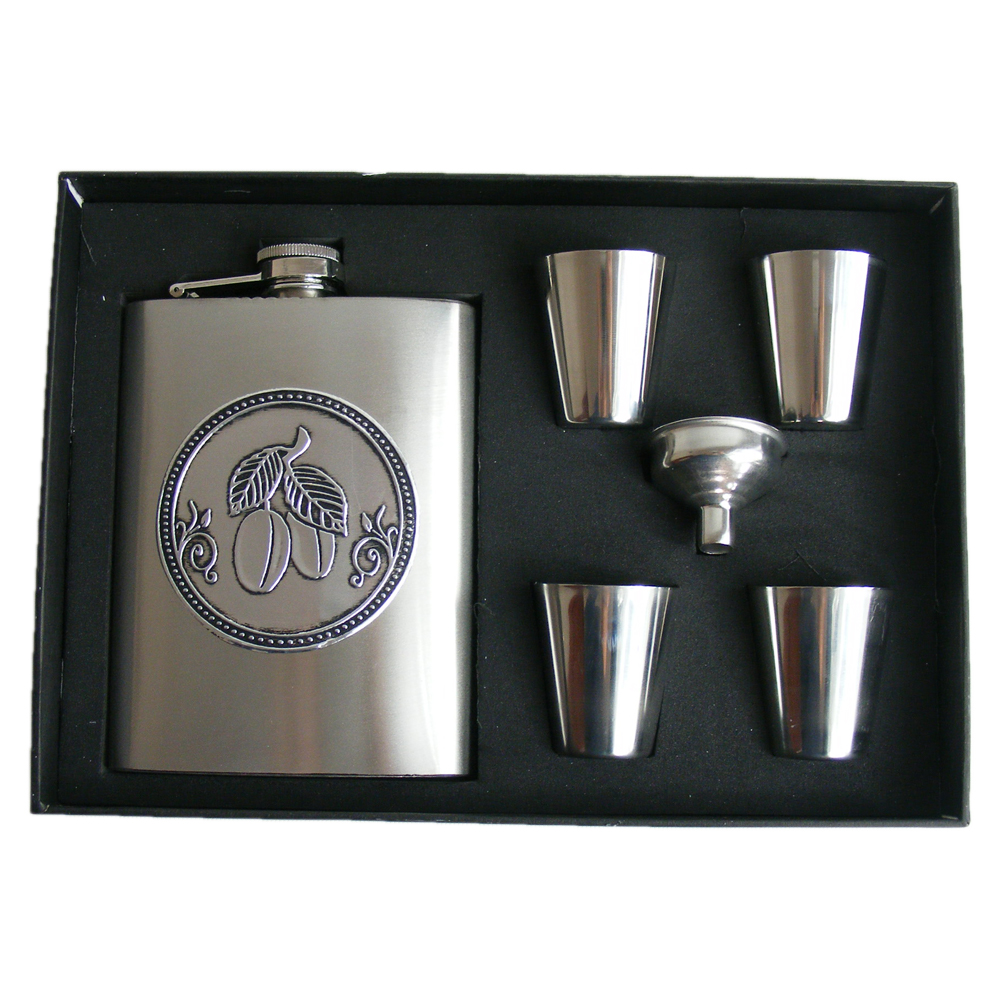 Set plosca cu palnie si 4 pahare din metal is cutie eleganta. cu decor embosat - Prune