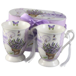 Set 2 cani din ceramica, "Lavender Passion", 300 ml, cu franjuri, in cutie cadou