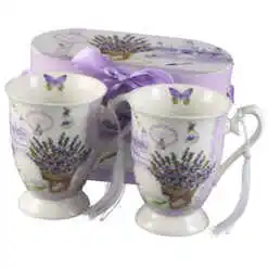 Set 2 cani din ceramica, "Lavender Passion", 300 ml, cu franjuri, in cutie cadou