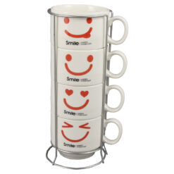 Set 4 cesti din ceramica cu suport metalic, 150 ml, Smile