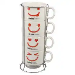 Set 4 cesti din ceramica cu suport metalic, 150 ml, Smile