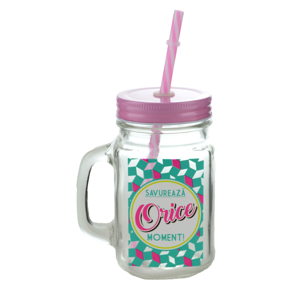 Cana cu paie tip borcan 450 ml - "Savureaza orice moment"