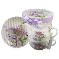 Set ceainic cu ceasca si farfurioara, 350 ml / 310 ml, "Beautiful Lavender", in cutie decorativa