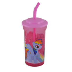 Pahar din plastic cu capac si pai Poney, 460 ml