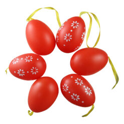 Set 6 oua din plastic 4 x 6 cm, albe & rosii, cu flori