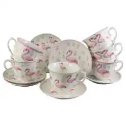 Set 6 cesti ceramica cu farfurioare 220 ml, Flamingo, cu cutie decorativa