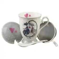 Cana ceramica cu infuzor, capac si lingurita, 300 ml, Pisici indragostite, in cutie cadou,