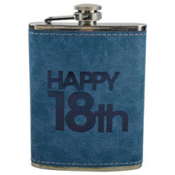 Plosca realizata din metal invelit in piele - Design aniversare "Hapyy 18th"