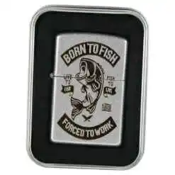 Bricheta metalica "Born to Fish..." 3.5x5.5 CM, Argintiu