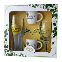 Set Wedding "Buna dimineata!/O seara placuta!" - halba bere, pahar vin, 2 cesti cafea