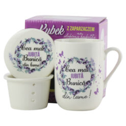 Cana ceramica cu infuzor si capac "Cea mai iubita Bunica din lume!" 330 ml