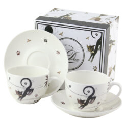 Set 2 cani cu farfurie din portelan 280 ml "Charming Cats"