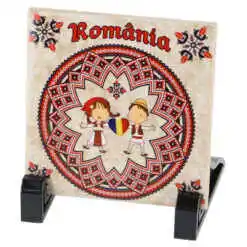 Placa decorativa "Romania" 10x10 CM, Cuplu in port traditional