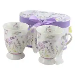 Set 2 cani din ceramica 300 ml, Lavanda flowers, cu franjuri, in cutie decorativa