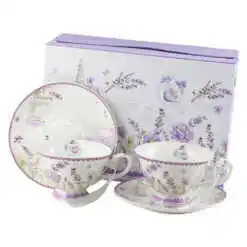 Set 2 cesti din ceramica cu farfurioare, 150 ml, Lavender&Flowers, in cutie decorativa