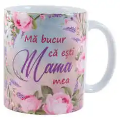 Cana ceramica "Ma bucur ca esti Mama mea", 330 ml, trandafiri & lavanda