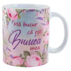 Cana ceramica "Ma bucur ca esti Bunica mea", 330 ml, trandafiri & lavanda