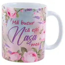 Cana ceramica "Ma bucur ca esti Nasa mea", 330 ml, trandafiri & lavanda