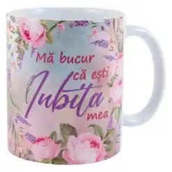 Cana ceramica "Ma bucur ca esti Iubita mea", 330 ml, trandafiri & lavanda