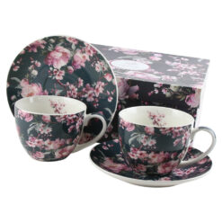 Set 2 cani cu farfurie din portelan 250 ml "Noemi Black", in cutie decorativa