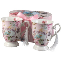Set 2 cani din ceramica, cu franjuri, 300 ml, Pasare, in cutie cadou