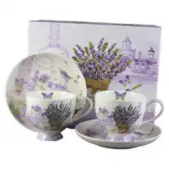 Set 2 cesti din ceramica cu farfurii, "Lavender Passion", 150 ml, in cutie cadou