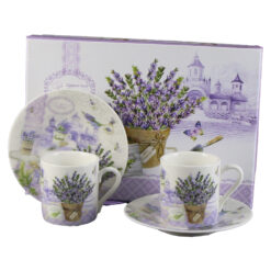 Set 2 cesti espresso, din ceramica cu farfurii, "Lavender Passion", 90 ml, in cutie cadou