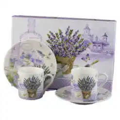 Set 2 cesti espresso, din ceramica cu farfurii, "Lavender Passion", 90 ml, in cutie cadou