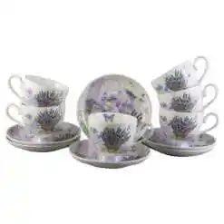 Set 6 cesti din ceramica cu farfurii, "Lavender Passion", 200 ml, in cutie cadou