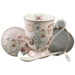 Cana ceramica cu infuzor, capac si lingurita, "Belle Jardin" 300 ml, in cutie cadou,