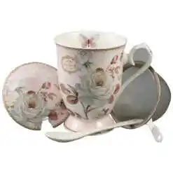 Cana ceramica cu infuzor, capac si lingurita, "Belle Jardin" 300 ml, in cutie cadou,