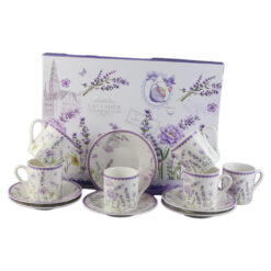 Set 6 cesti din ceramica cu farfurii, "Lavender", 90 ml, in cutie cadou,  Lavanda Flow