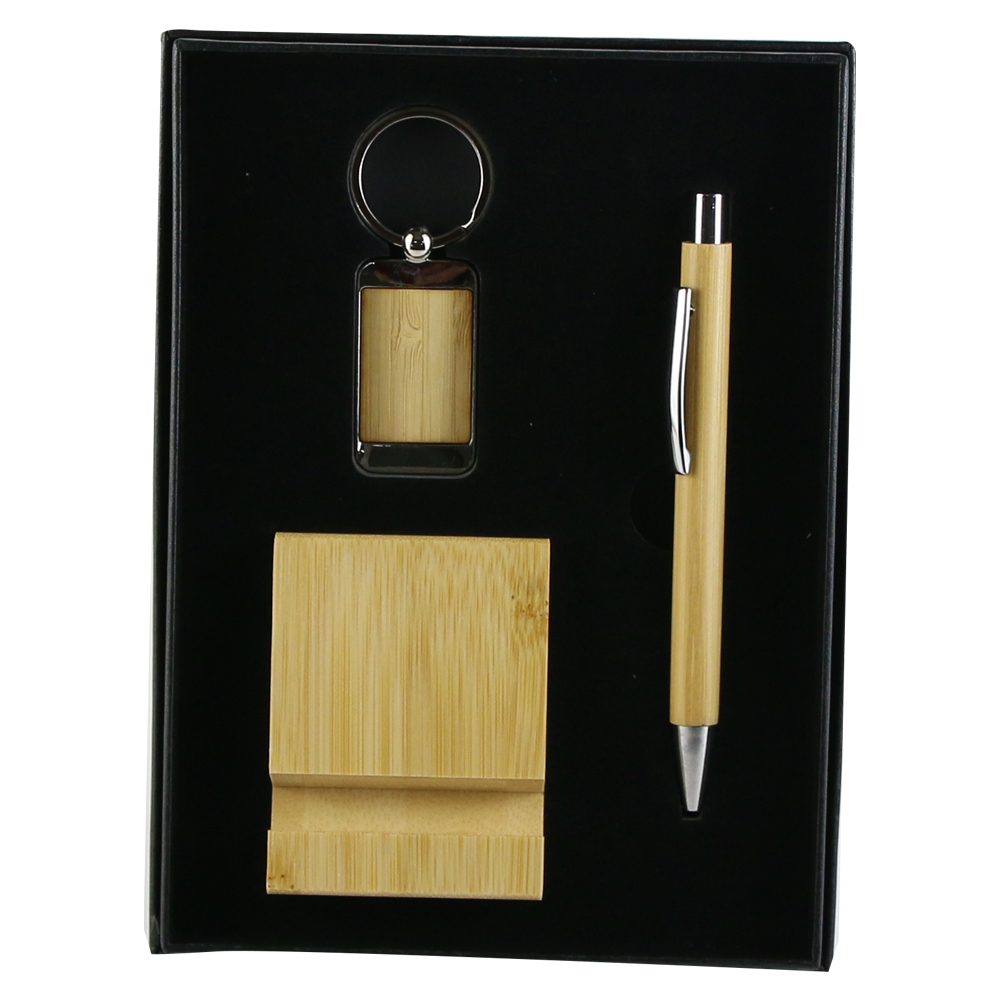 Set cadou cu Suport telefon, breloc si pix, din bambus